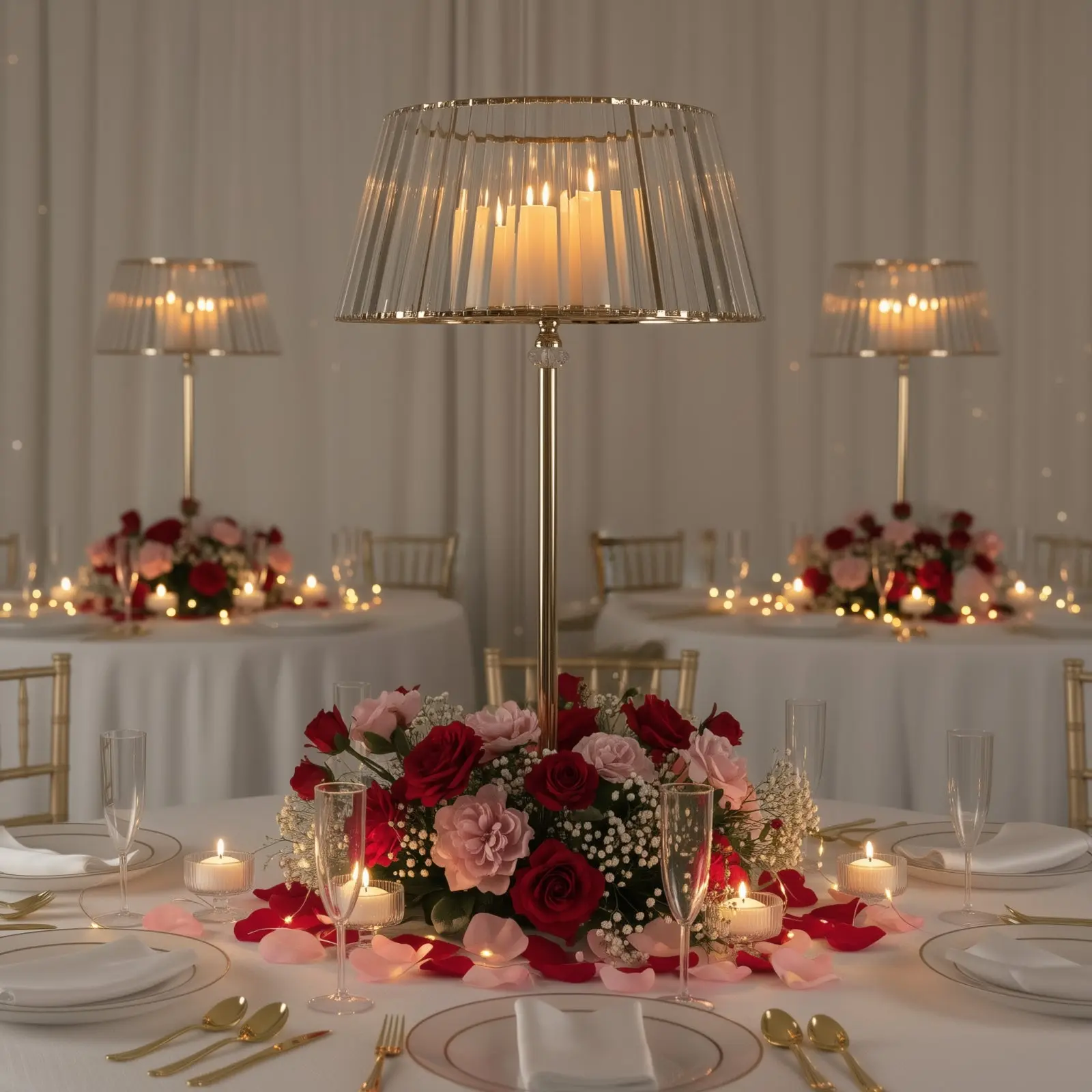 Crystal Candleholder Candelabra - 38-in Classic Empire Lamp Shade Style, Gold Embellished Pendant, Tea Light Votive Stand for Wedding, Anniversary, Birthday Table Centerpieces, Home Decor
