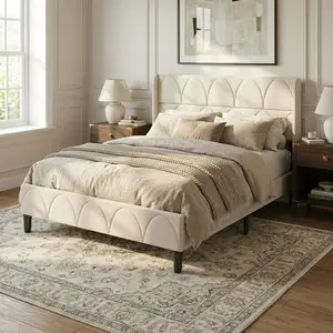 Modern Scalloped Velvet Bed Frame | No Box Spring Needed | Luxury Upholstered Platform Bed with Arched Headboard (Full/Queen/King)
