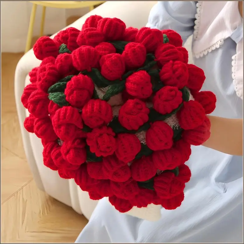2-in-1 Handmade 3D Knit Round Blanket & Crochet Rose Flower Bouquet - Multi-Size (31-62 in), Cozy Floral Look Decorative Throw, Anniversary Gift, Crochet Bouquet Party Gifts, Storage Included, Home Decor