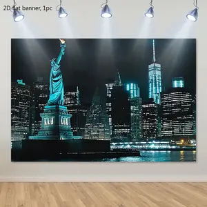 2D flat banner, 1 piece, New York City skyline, the cheerful background is perfect for capturing joyful moments and festive atmosphere, and the bright background is easy to hang. 2D flat, kdj