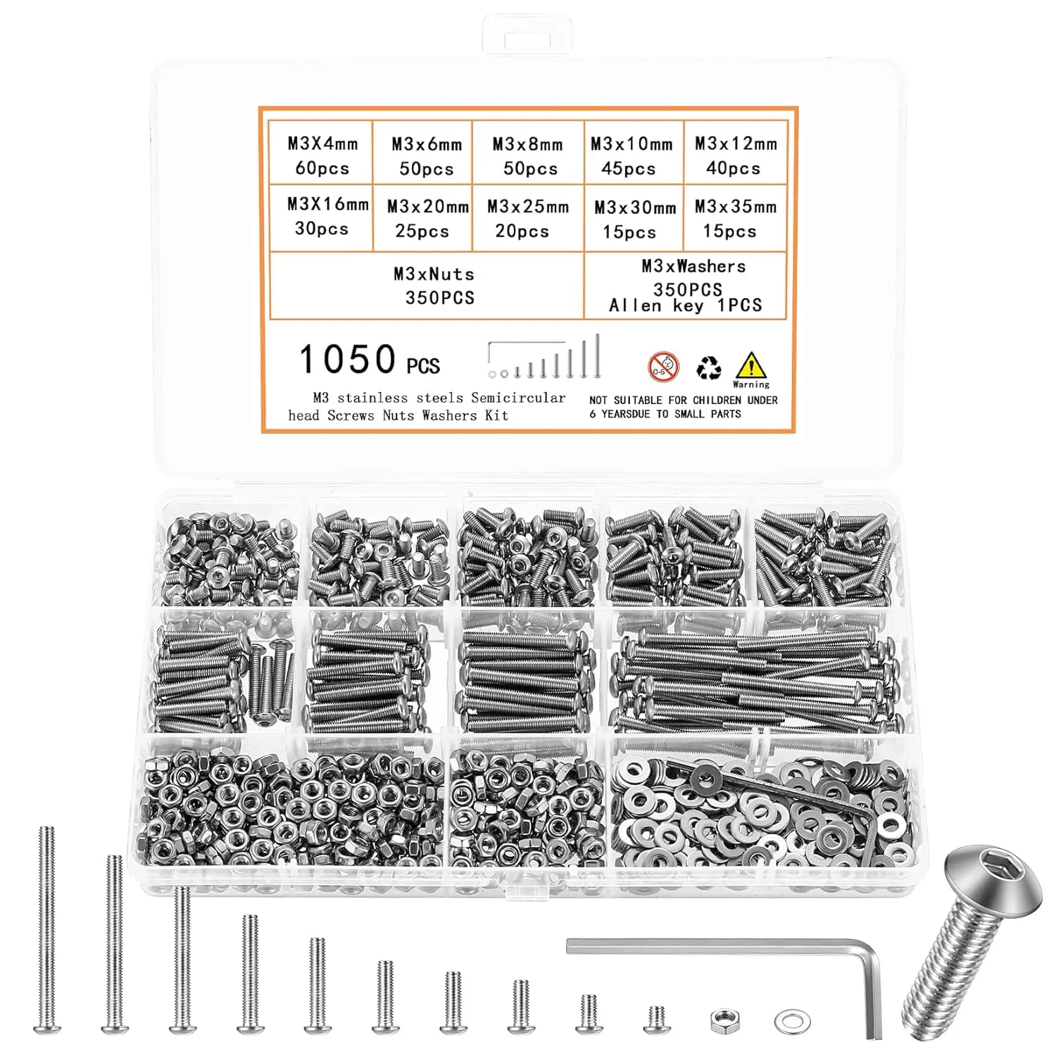 1050 count M3 Screws Kit, M3 Machine Screws and Nuts and Washers Set, Assorted Button  Socket Cap Screws Nuts and  Assortment Kit, Stainless Steel Metric Screw Assortment, Fully Threaded