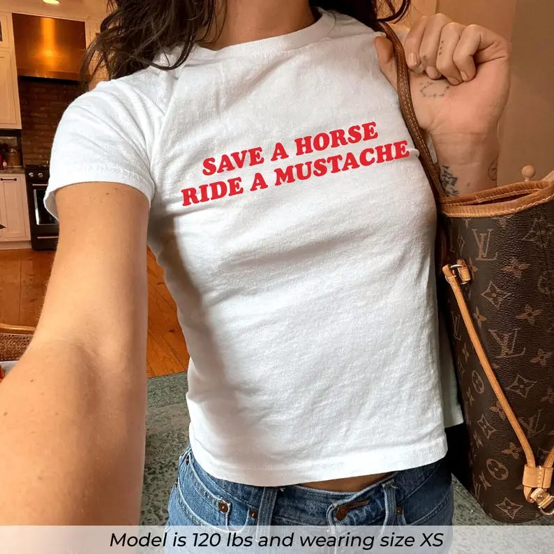 Save A Horse Ride A Mustache Baby Tee, Funny Y2K Cowgirl Crop Top, Retro Graphic Tee for Women, Rodeo Humor Shirt, Western Flirty Baby Tee