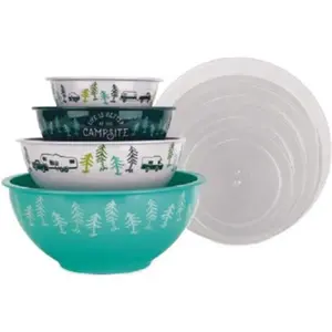 CAMCO 8-Piece Melamine Nesting Bowl Set - Multi-Color Camping Theme Tableware, Top Rack Safe Serving Dishes (Model CMC53451)