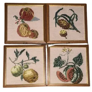 Four Vintage Framed & Completed Needlepoint Fruits