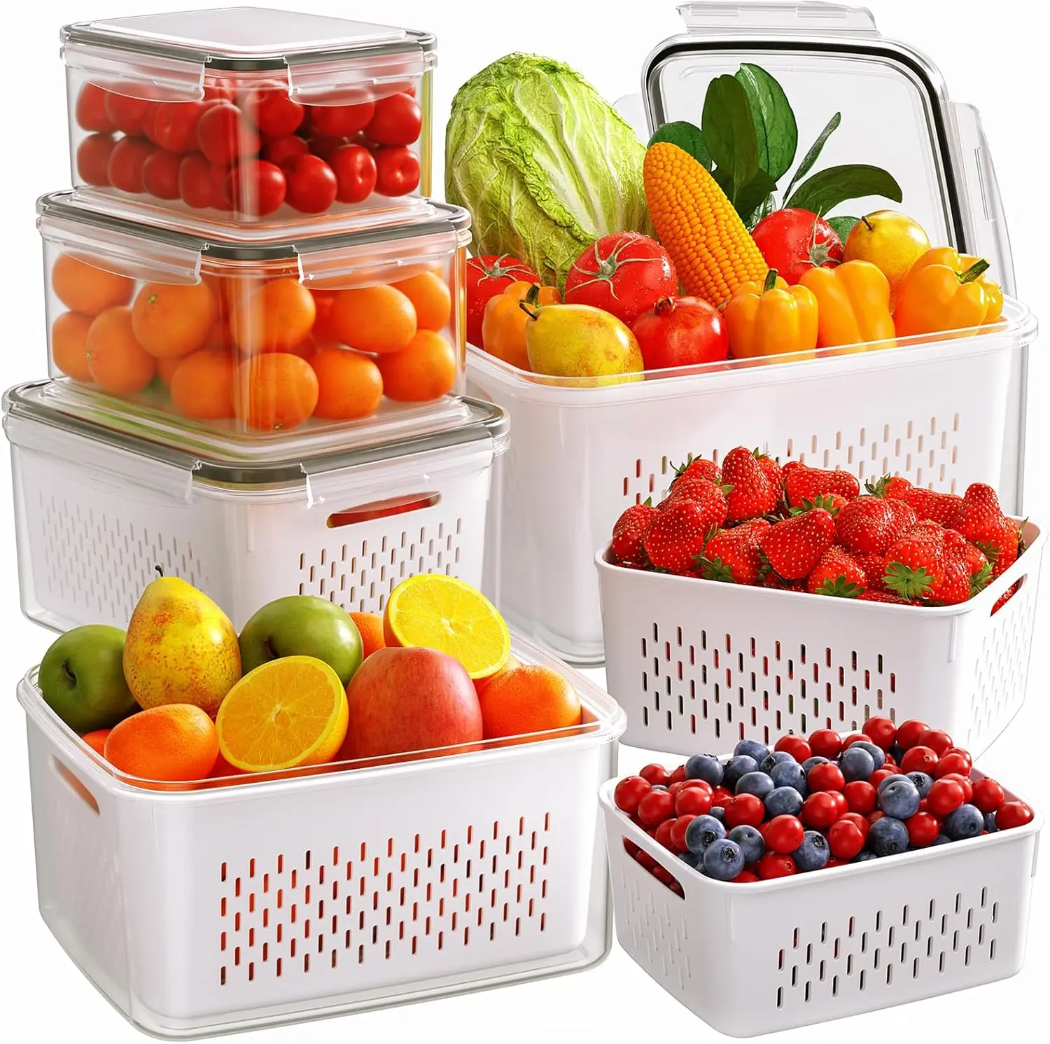 4PCS 6PCS Removable Colander Food Storage Container with Airtight Lid Leakproof Dustproof BPA Free Kitchen Fridge Produce Saver for Fruit