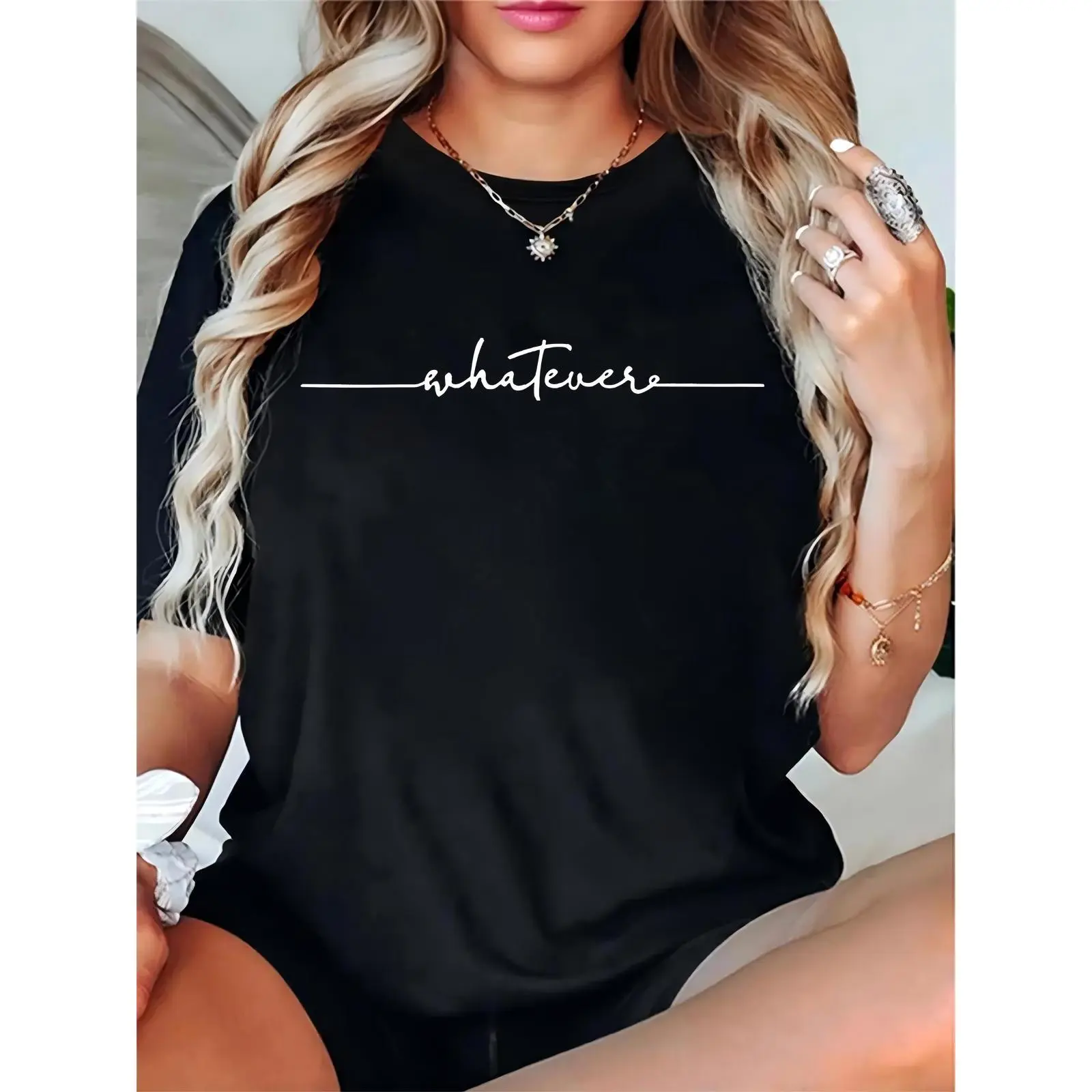 Women's Black 'Whatever' Cursive Text T - Shirt, Casual Daily Wear for Teens & Young Women, Great for Shopping, Weekend Hangouts & Everyday Use, Basic, Shortsleeve, Prints, Elegant, Cotton, Essential, Lady, Fit, Feminine, Round Neck