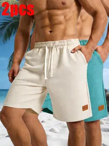 Men’s Summer Casual Sports Bermuda Shorts, 2-Pack — Waffle Texture, Breathable, Skin-Friendly, Soft & Comfortable, Elastic Waist with Drawstring Adjustment, Side Pockets, Leather Tag Decoration, Loose Slim Fit, Perfect for Home and Beach