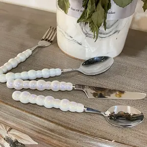 Stainless Steel with Ceramic Pearl Handle -Knife, Fork & Spoon