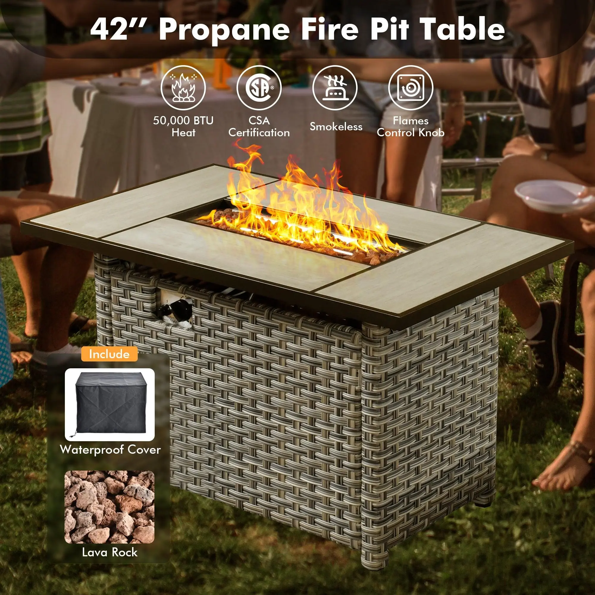【Back To School】Ovios 42'' Rectangle Propane Fire Pit Table, Outdoor Gas Fire Table with Tabletop and Hidden Tank Storage, Heating Firepit Table for Patio Backyard Deck Porch Garden Conversation Set Furniture