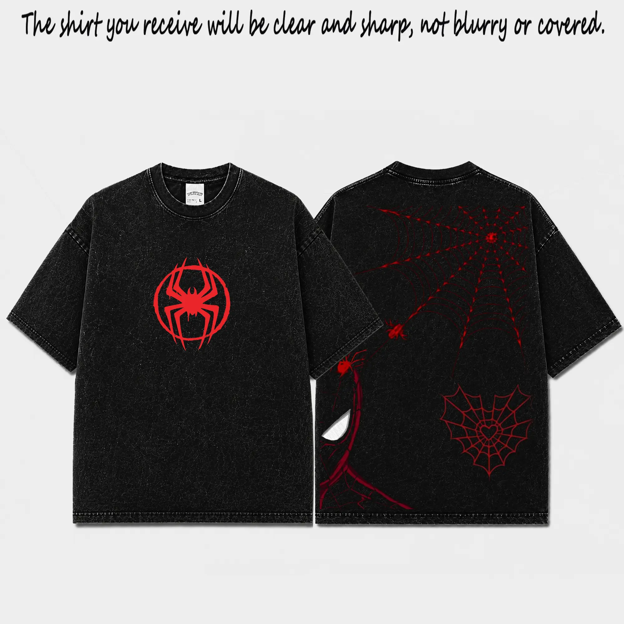 Spidey Inspired #2 Acid Wash Black Oversized T-Shirt, Premium Cotton Red Spidey Logo Graphic Tee, Front Back Comic Panel Print Shirt, Streetwear Top, Gift For Superhero Fans Men Women