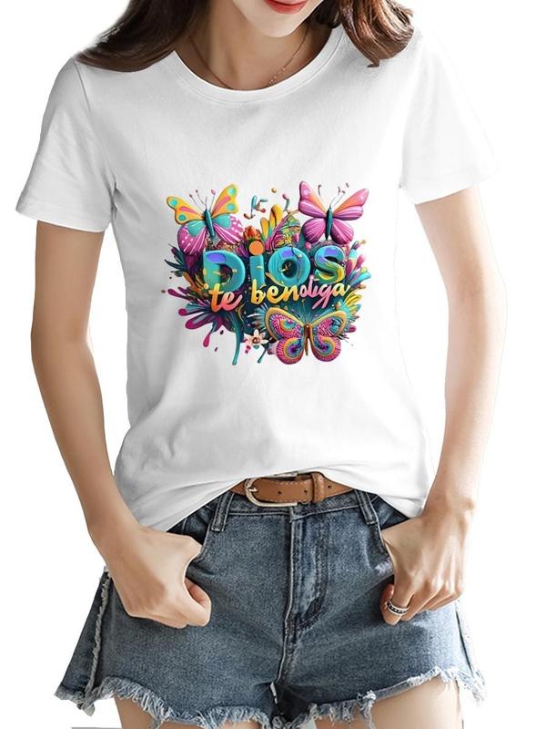 Women's Soft Cotton Fitted Cut Tshirt - Dios Te Bendiga Spanish Faith Graphic, Colorful Graffiti Butterfly, Floral Print, Breathable, Short-Sleeve/Cap Sleeve Option, Casual Lady Streetwear Clothing for Latina Christians, Thanksgiving, White, S