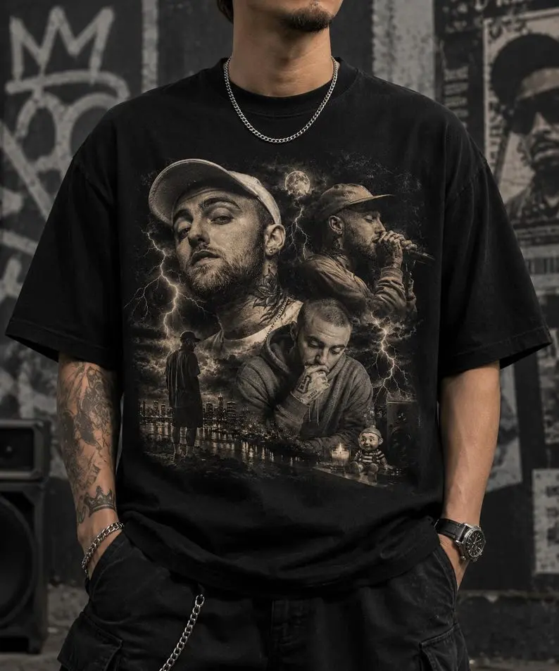 Mac Miller Tees | Vintage Portrait Tee | Distressed Painterly Face Graphic, Black Shirt