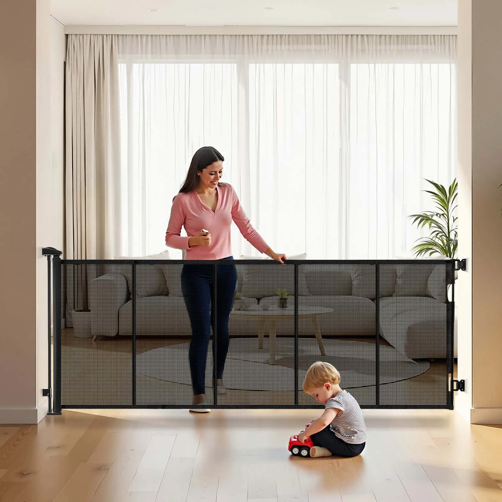 VEVOR Retractable Baby Gate, Extends to 122 inch Extra Wide, 31.3 inch Tall, with Reinforced Fiberglass Strips, Avoids Crawling Through, Mesh Dog Gate for Decks, Doorways, Garages, Indoor, BlackSummervibes