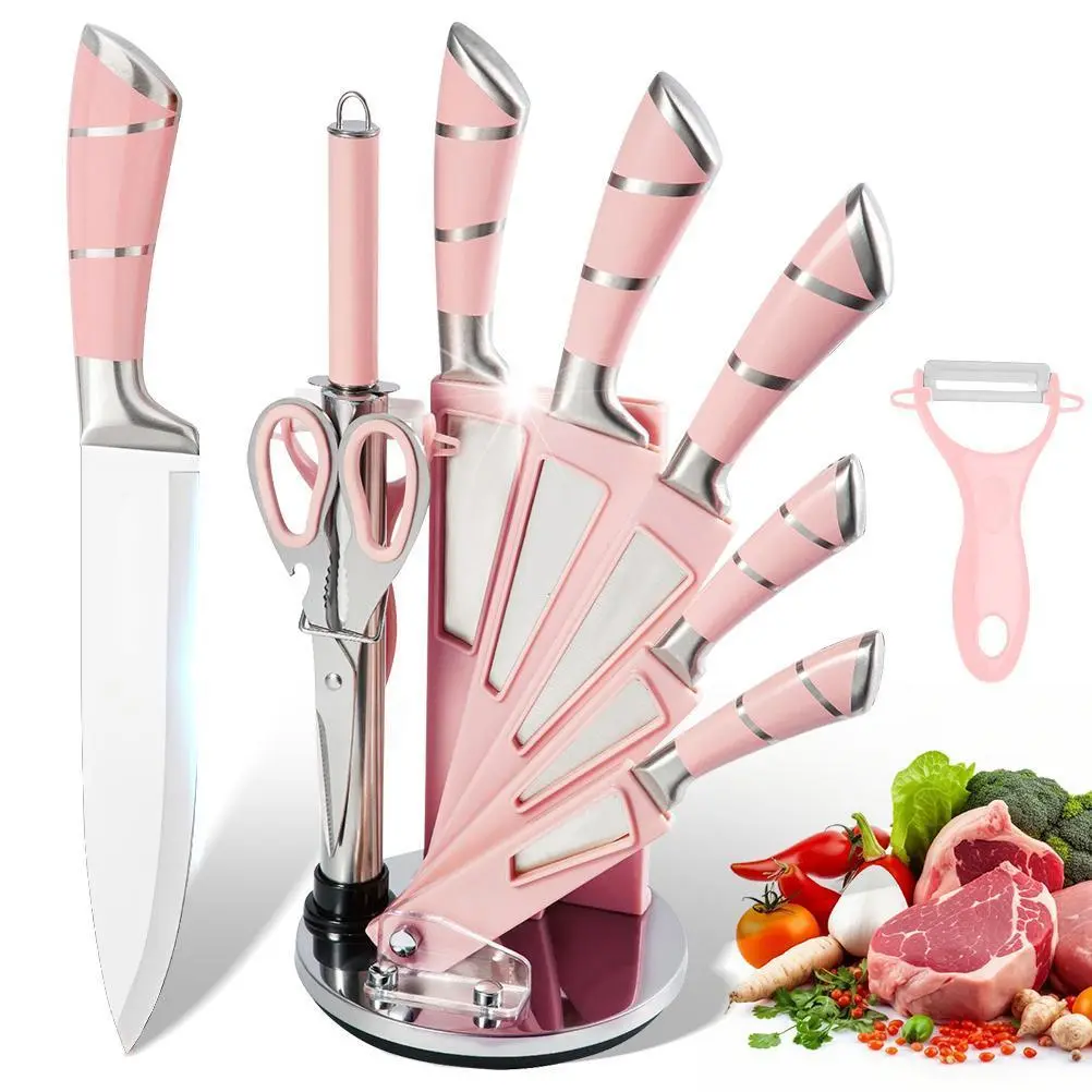 【BackToSchool】9pcs Ultra-Sharp High Carbon Stainless Steel Kitchen Knives Set - Professional Chef, Bread, Cleaver, Paring, Utility Knives, Scissors, Sharpener, Peeler - Ergonomic Utensil with Acrylic Blade Non-Stick Multifunctional Design, Ultrasharpedge