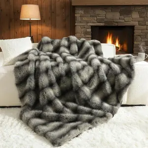 Luxury Faux Fur Throw Blanket, Non-Shedding 60"x80" Fur Blanket Throw, Ultra Soft Blankets for Bed, Couch and Sofa, Premium Soft, Thick Fluffy Throws, Grey Black Stripes