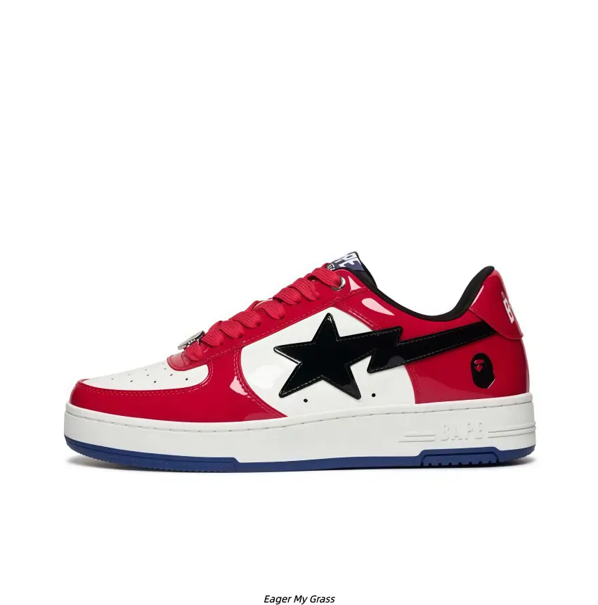 Red White Gloss PU Color Block Casual Skate Sneakers for Men Women, Multi-Layer White Cushion Flat Sole Shock Absorb Blue Anti-Slip Rubber Daily Walking Board Shoes