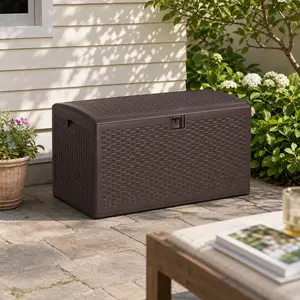99 Gallon Outdoor Resin Deck Box - Weatherproof Large Storage Bench with Lockable Hydraulic Lid - UV Resistant Wicker Style for Garden Tools, Pool Toys, Furniture Cushions - Black