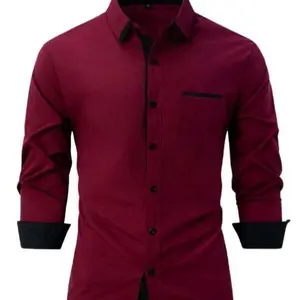 Men's Burgundy Button-Up Shirt with Black Contrast Sleeves and Pocket Menswear Top
