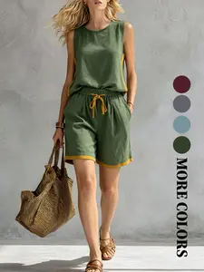 Women's Summer Beach Vacation Two-Piece Set, Breathable Moisture-Wicking Tank Top and Shorts, Colorblock Casual with Pockets, Womenswear