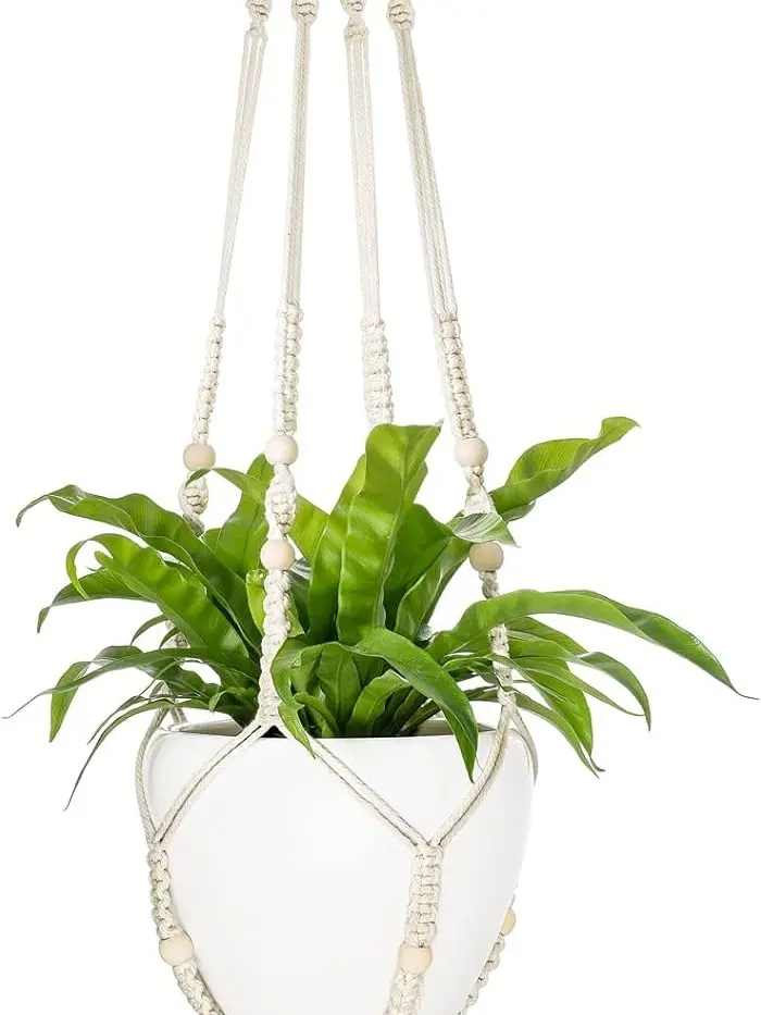 43 Inch Macrame Plant Hanger Large for up to 12 Inch Pot Extra Long Hanging Plant Holder No Tassels Hanging Planter Basket with Wood Beads for Indoor Outdoor Boho Home Decor, Ivory