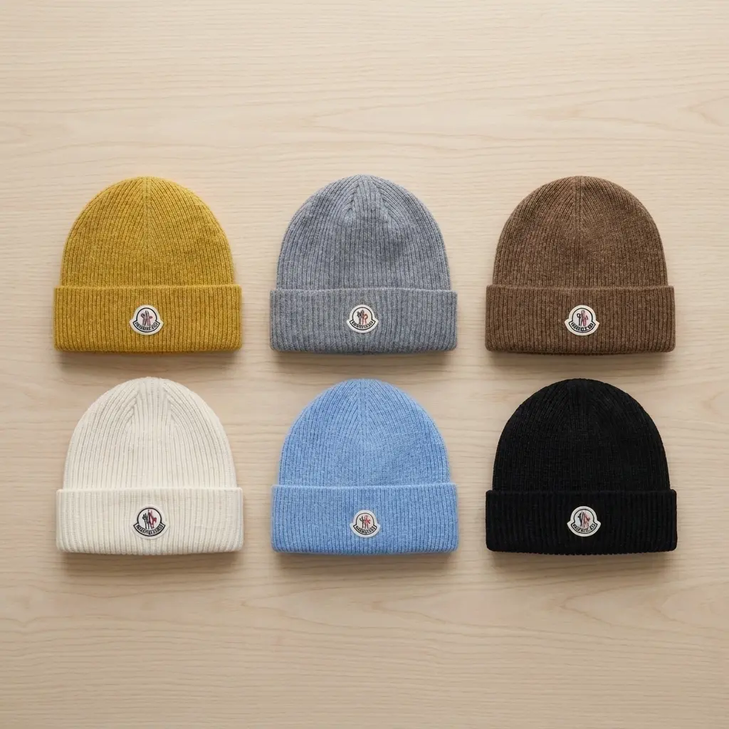 Moncler Style Logo Beanie Hat Multi-Color Variant Grid | Cozy Ribbed Thermal Winter Skull Caps | Earthy Backdrop Showcase Profile