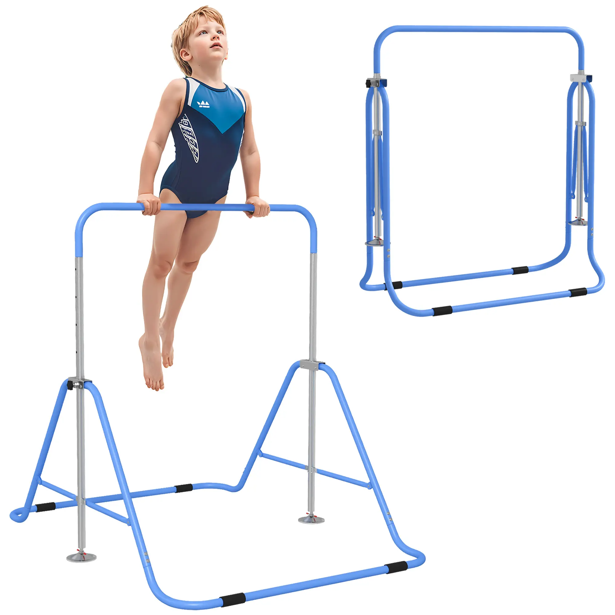 Bubble Gum Blue Foldable Kids Gymnastics Kip Bar, Adjustable Height Steel Training Bar with Shock-Absorbing Non-Slip Base, Holds Up to 110 Lbs for Ages 3-8 Adjustable Foldable Gymnastics Bar for Kids, Bubble Gum B