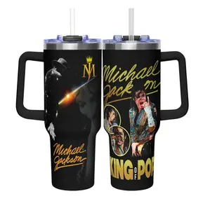 Michael Jackson Tumbler 40oz With Handle & Straw, King of Pop Collage Tumbler, MJ Fan Gift, Music Legend Travel Cup, Retro Pop Star Drinkware, Gift for Pop Fans