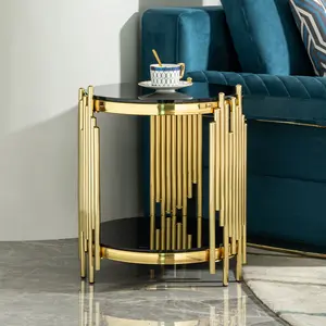 Luxury Gold Round Glass End Table, 17.7" Modern Side Table with Stainless Steel Irregular Leg Black Tempered Glass Tabletop, Accent Furniture for Living Room, Black