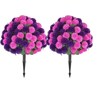 Fake Outdoor Flowers with Stakes - Set of 2 Pink Purple 33" H X 19.7" W Artificial Mums Topiary Flower Balls for Front Porch Planters Decor - Faux Silk Floral Bushes Plants for Outside Patio Yard