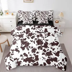 7 Pcs Highland Milk Cow Bed in a Bag,Cartoon Brown Cow Print Brown Sheet Set,Western Cowhide Bedding with Comforter