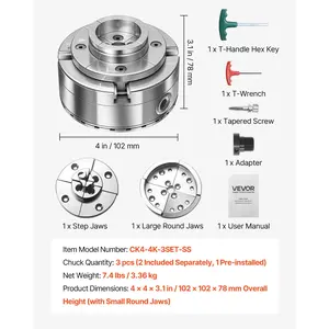 VEVOR 4 Inch Wood Lathe Chuck, 4-Jaw, Self-Centering Wood Turning Chuck Set with 1x 8TPI Thread Adapter, Round Jaws, Step Jaws, Thickened Nickel-Plated, High-Hardness Steel, for Woodworking Lathe
