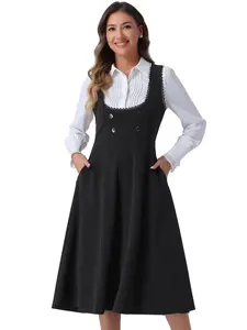 INSPIRE CHIC Vintage Pinafore Dress Women's Lace Trim Button Decor Overalls Midi Dress with Pockets