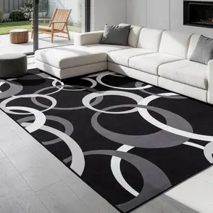 Washable Black and White Living Room Rug Non Slip, Soft 6x9 Area Rugs for Bedroom Dining Room Low Pile, Modern Concentric Circle  Carpet for Playroom  Office Decor
