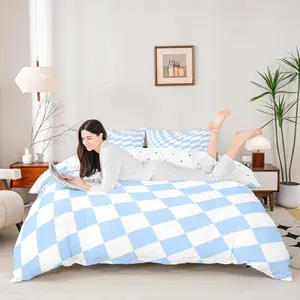 Blue Grid Duvet Cover Set,Reversible Diamond Square Lattice Bedding Set,Kids Girls Princess Room Decor,Geometric Plaid Checkerd Quilt Cover,No Comforter