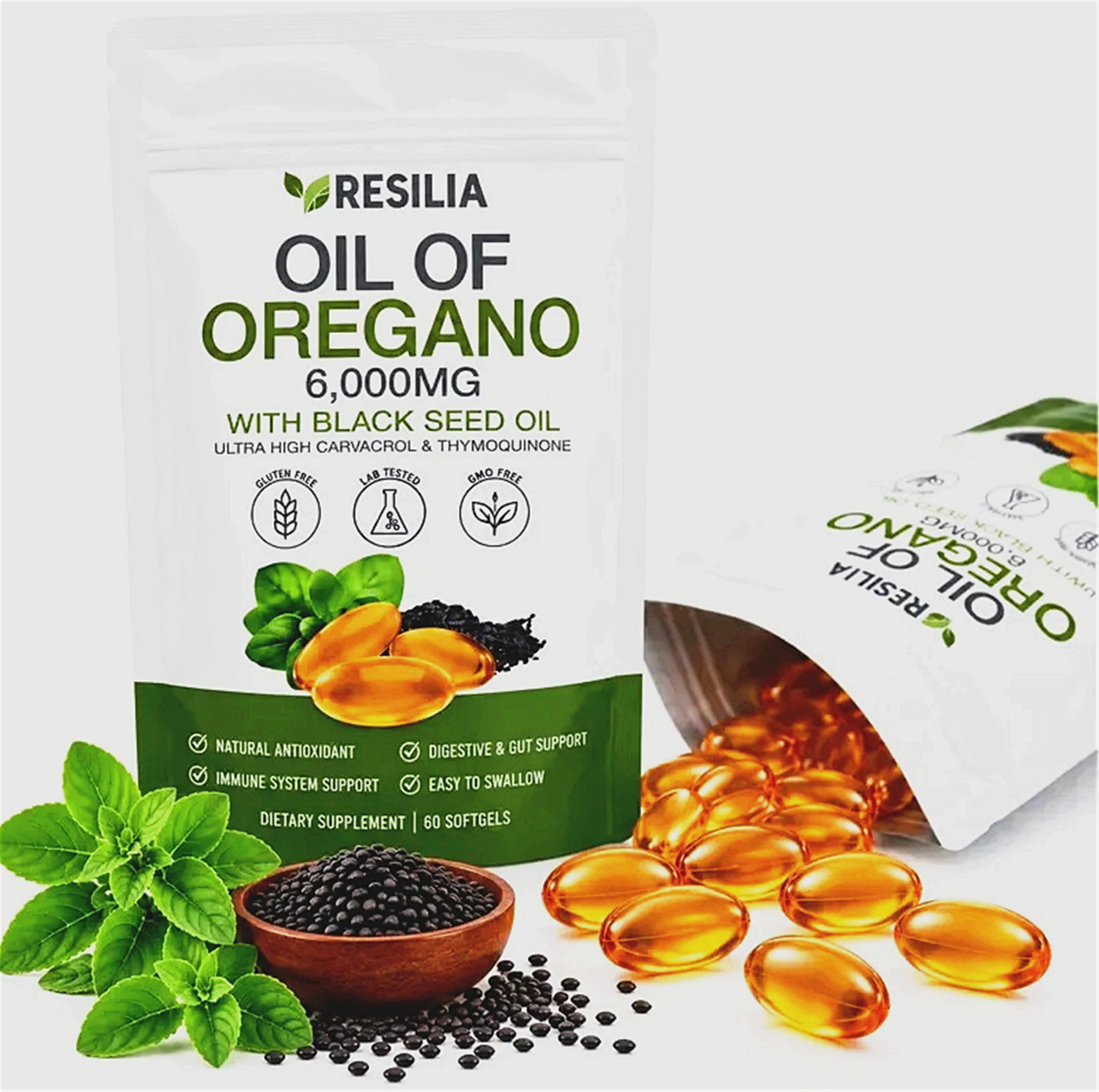 Resilia Oil of Oregano 6,000mg with Black Seed Oil Ultra High Carvacrol & WE Thymoquinone Dietary Supplement 60 Softgels