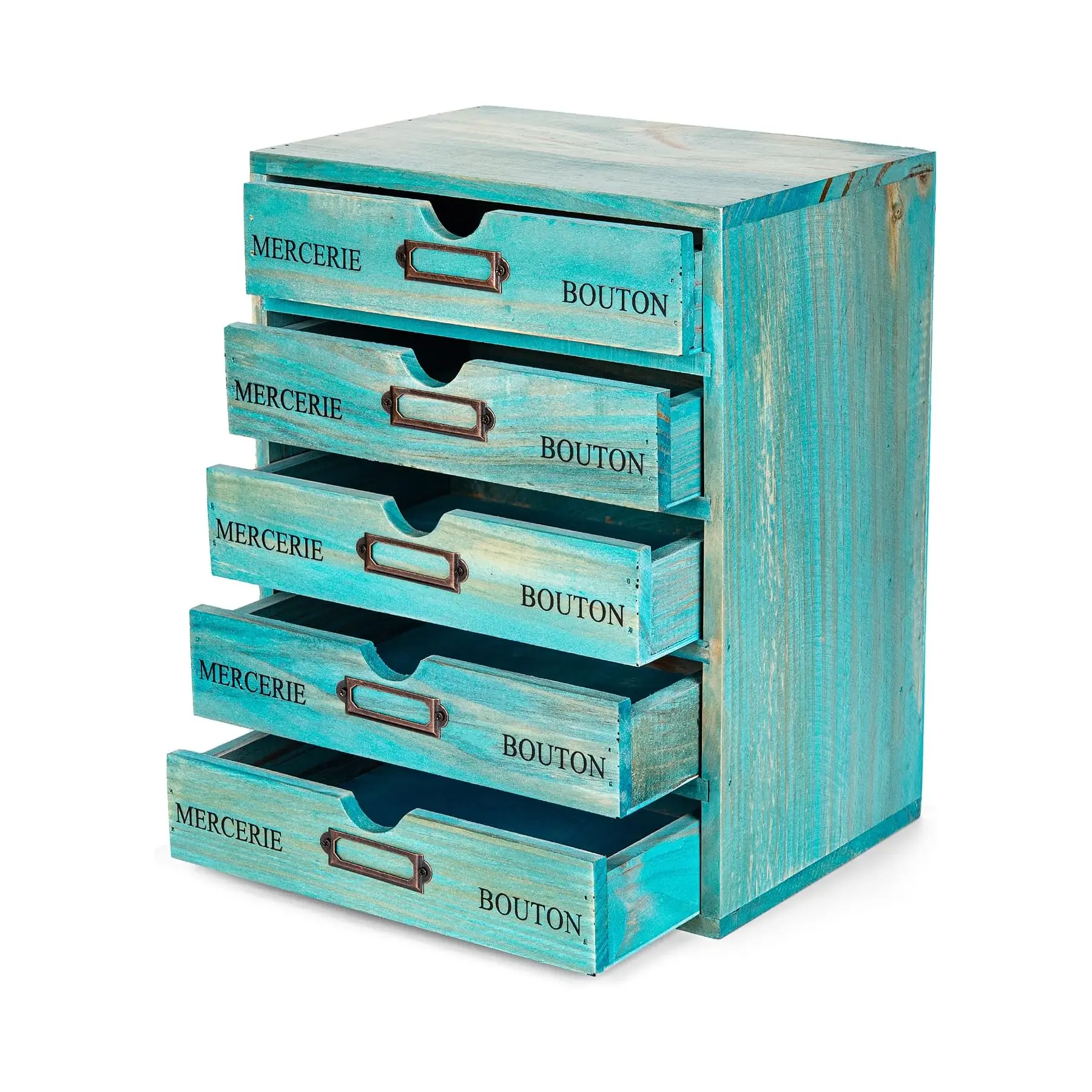 Teal 5-Tier Wooden Desk Organizer - French Country Style Curio Cabinet with Label Holder - Stackable Desktop Shelves for Storage & Display Drawers Design Compact Footprint Accessible