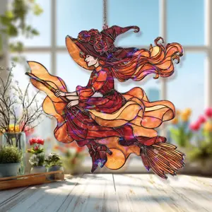 Witch Acrylic Suncatcher, Acrylic Style Flying Witch on Broom with Flowing Dress and Hat, Gothic Halloween Window Hanging Decor