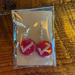 Banquet Bottle Cap Earrings - Red with White Text, Perfect for Parties and Events
