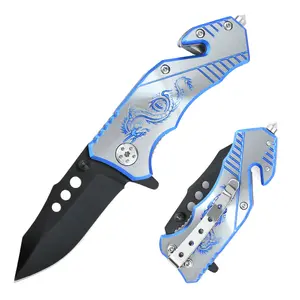 3.66" Multifunctional Folding Pocket Knife with Clip, 2.56" Blade Length, Glass Punch & Rope cutter, Blue & Red Dragon Knife with Aluminum Handle