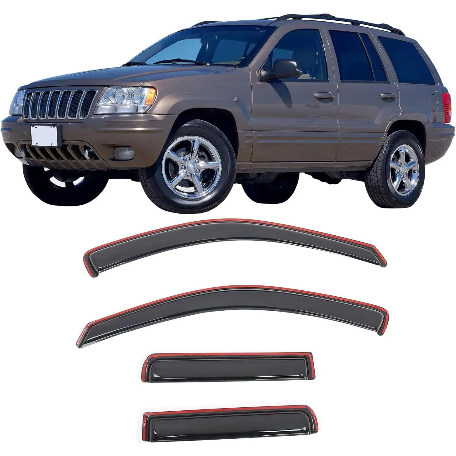 IKON MOTORSPORTS 1x Set of 4pcs Slim Smoke/Tinted In-Channel Reinforced Acrylic Window Visors - Easy Peel-Stick Rain Guards for 1999-2004 Jeep Grand Cherokee, Sun Protection, Car Wash Safe, Hardware Included, Assembly Required, Windshield Fog Prevention,,