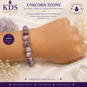 8mm Natural Unicorn Stone Beaded Stretch Bracelet - Unique Pattern, Stretch Fit, with Lepidolite, Smoky Quartz - Natural Crystal Jewelry Accessory