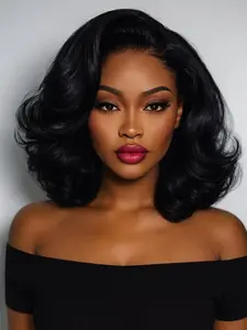 Women's human hair wig, 13x4 Glueless Lace Frontal wig with pre-plucked hairline and lace base, 180% density wavy short hair, natural and realistic, instantly adds volume, perfect for everyday wear, special occasions