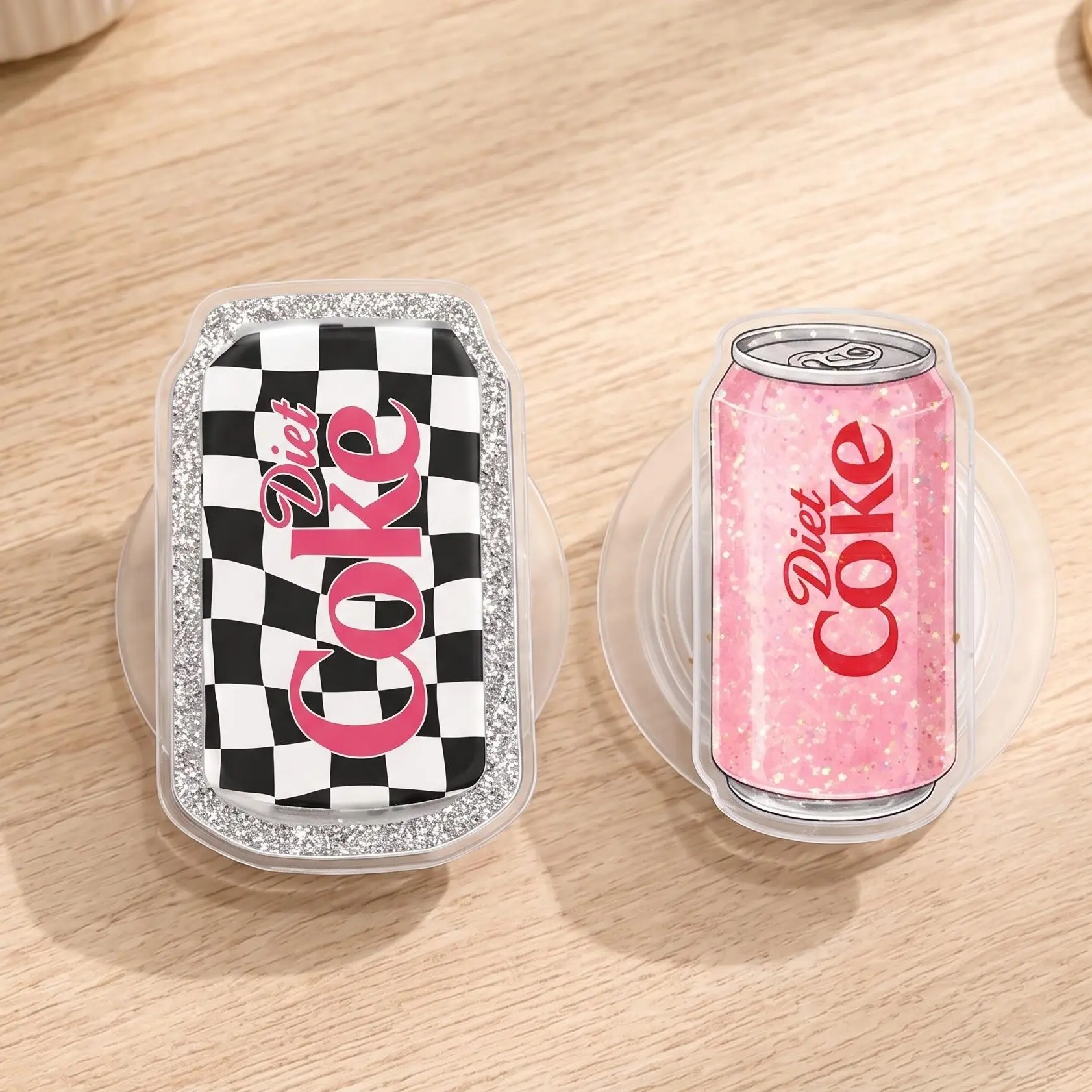 Pink Soda Can Phone Grip, Glitter Cola Drink Kindle Holder, Black White Checkered Retro Design, Cute Y2K Kawaii Magnetic Phone Stand, Fun Gift