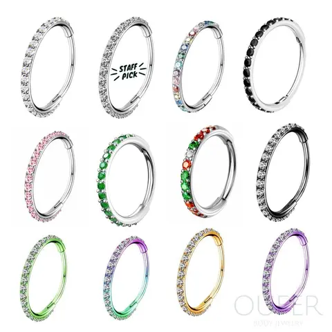OUFER 20G Stainless Steel Basic Hinged Hoop Nose Ring Jewelry - Paved Cubic Zirconia, 5mm-12mm Inner Diameter, Micro Gem Options (Black,Purple,Pink,Green,Blue), Faux Body Jewelry Fits Nose, Conch, Cartilage