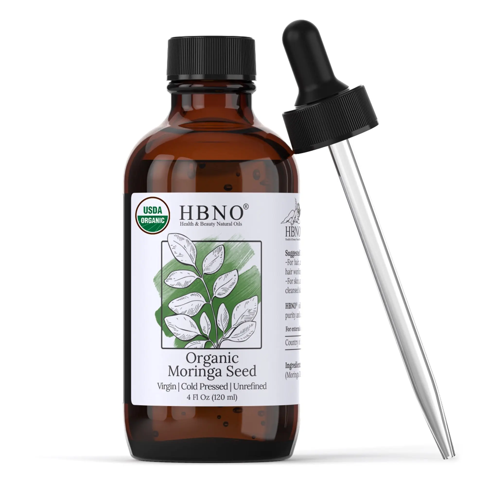 HBNO Organic Moringa Seed Oil Cold Pressed from Moringa Oleifera Seeds for Skincare & Haircare 4 Fl Oz