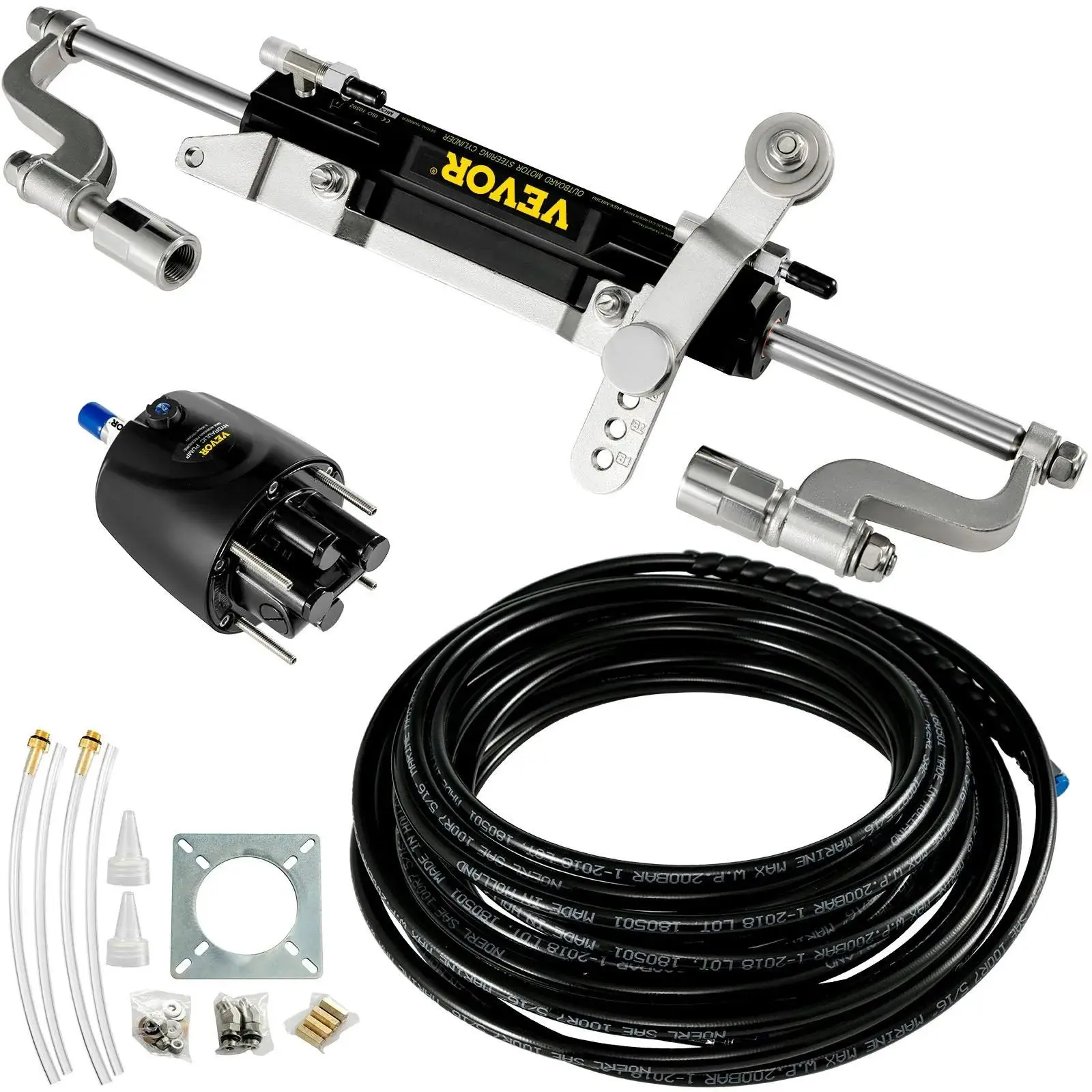 VEVOR Hydraulic Steering Kit, 300HP Hydraulic Steering Compact Cylinder, Hydraulic Outboard Steering Kit with Helm Pump for Boat Marine Steering System