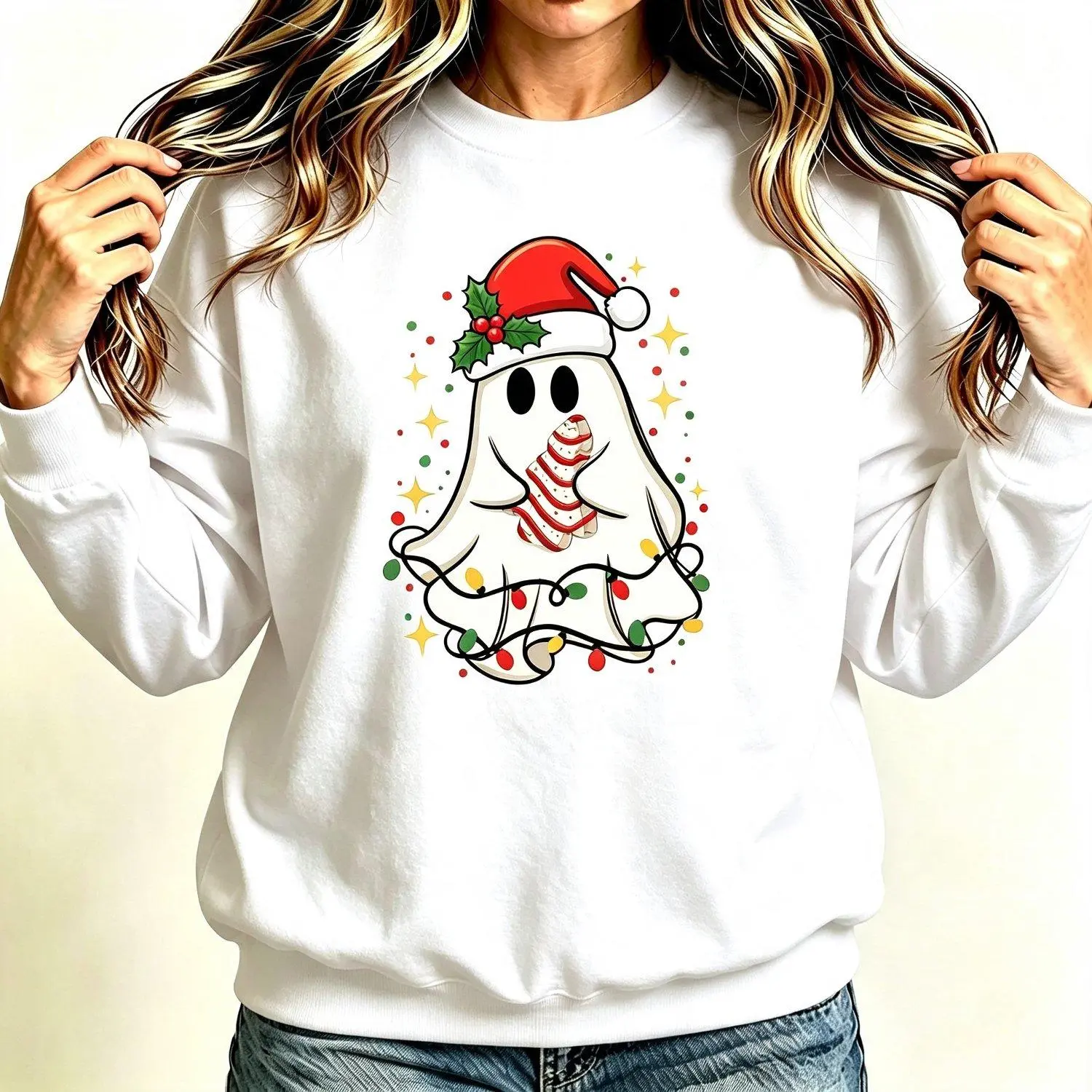 Christmas Ghost Cute Santa Hat Ghost Holding Candy Cane Xmas Lights Star Graphic Crew Neck Sweatshirt Pullover Spooky Christmas Holiday Casual Top