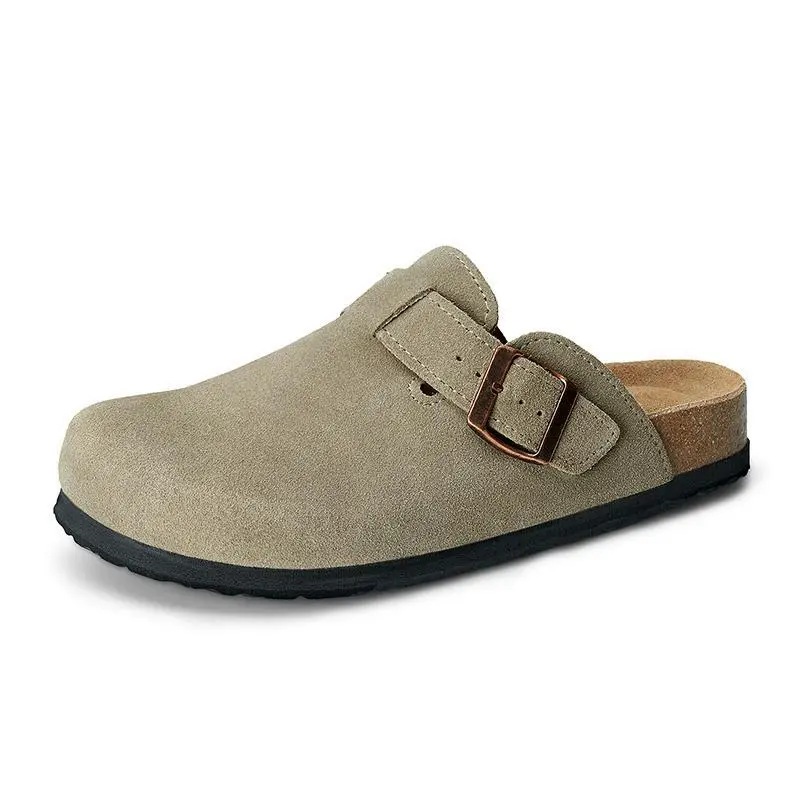 [Half Size Up!!!]Trary Clogs Women Genuine Leather Round Toe Cork Footbed Potato Shoes Women Slip-Ons Slipper with Arch Support Adjustable Buckle Non-Slip Slippers Retro Fashion Walking Shoes,Gift for Halloween,Thanksgiving Day,Christmas Footwear Taupe
