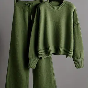 Autumn Winter Fashion Casual Knitted Set: Loose Sweater and Wide-Leg Pants Women's Two-Piece Set