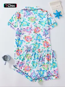 Women's Turtle Print Shirt & Shorts Pajama Two-piece Set, Casual Comfy Short Sleeve Top & Shorts Pajama Set, Ladies Summer Sleepwear & Loungewear, Shorts Pj Set